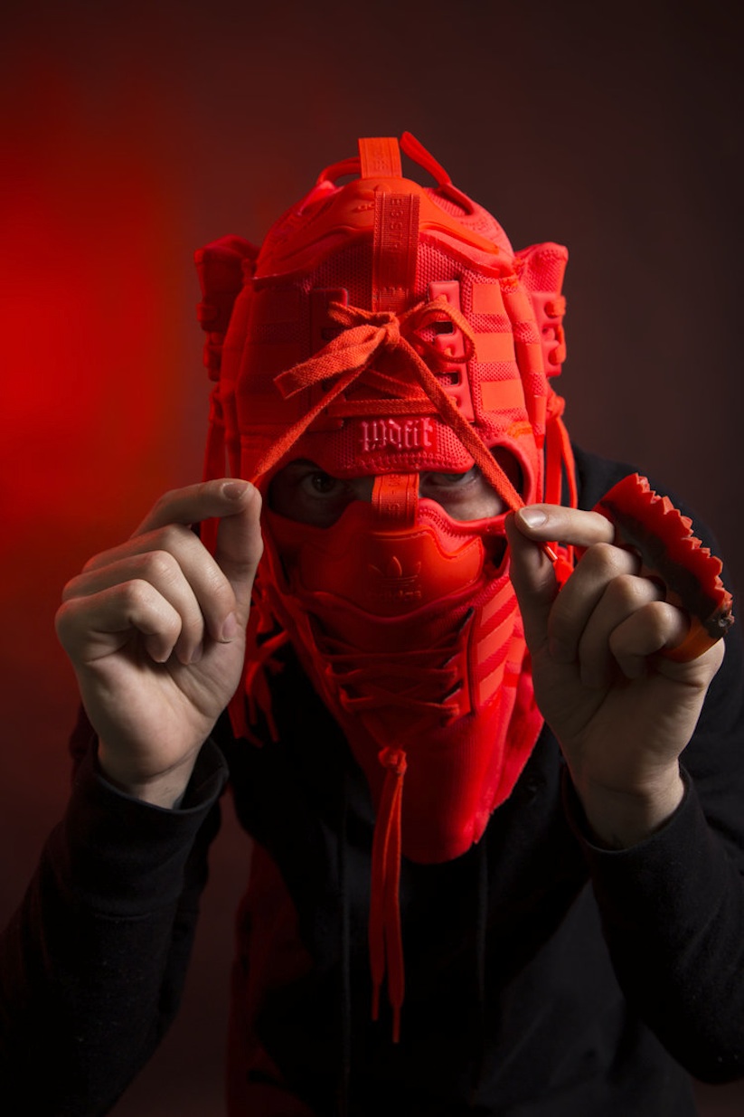 The 134th sneaker mask created by Freehand Profit. Made from 3 pairs of adidas NMD R1s. Find out more about the work on FREEHANDPROFIT.com. On display at adidas SOHO 3/2017!