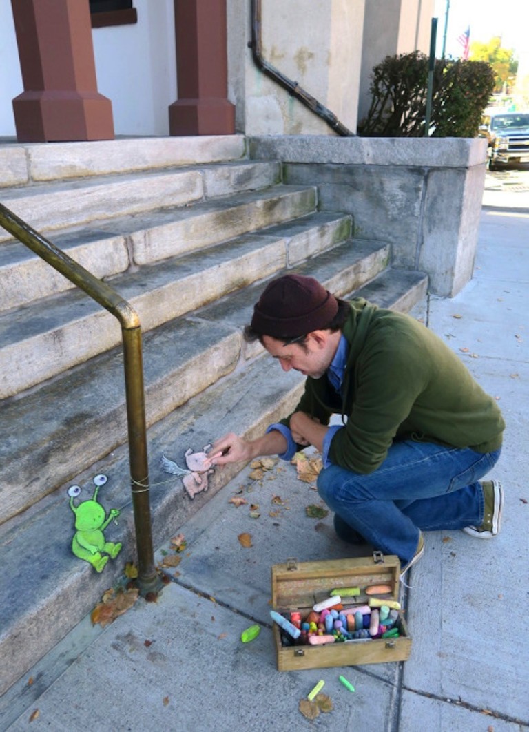 Quirky Chalk and Charcoal Street Art by Illustrator David Zinn